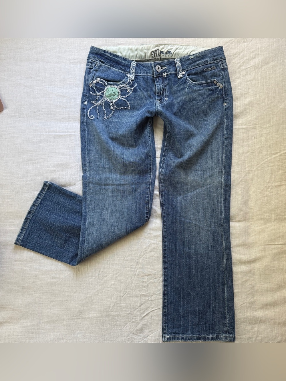Vintage Y2K Miss Me Low Rise Embroidered Chiffon Beaded Floral Capri Jeans 31